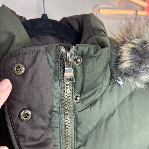 Larry Levine Down Puffer Mid Length Coat Removable Hood Fur Trim Olive Green S - Picture 3 of 10